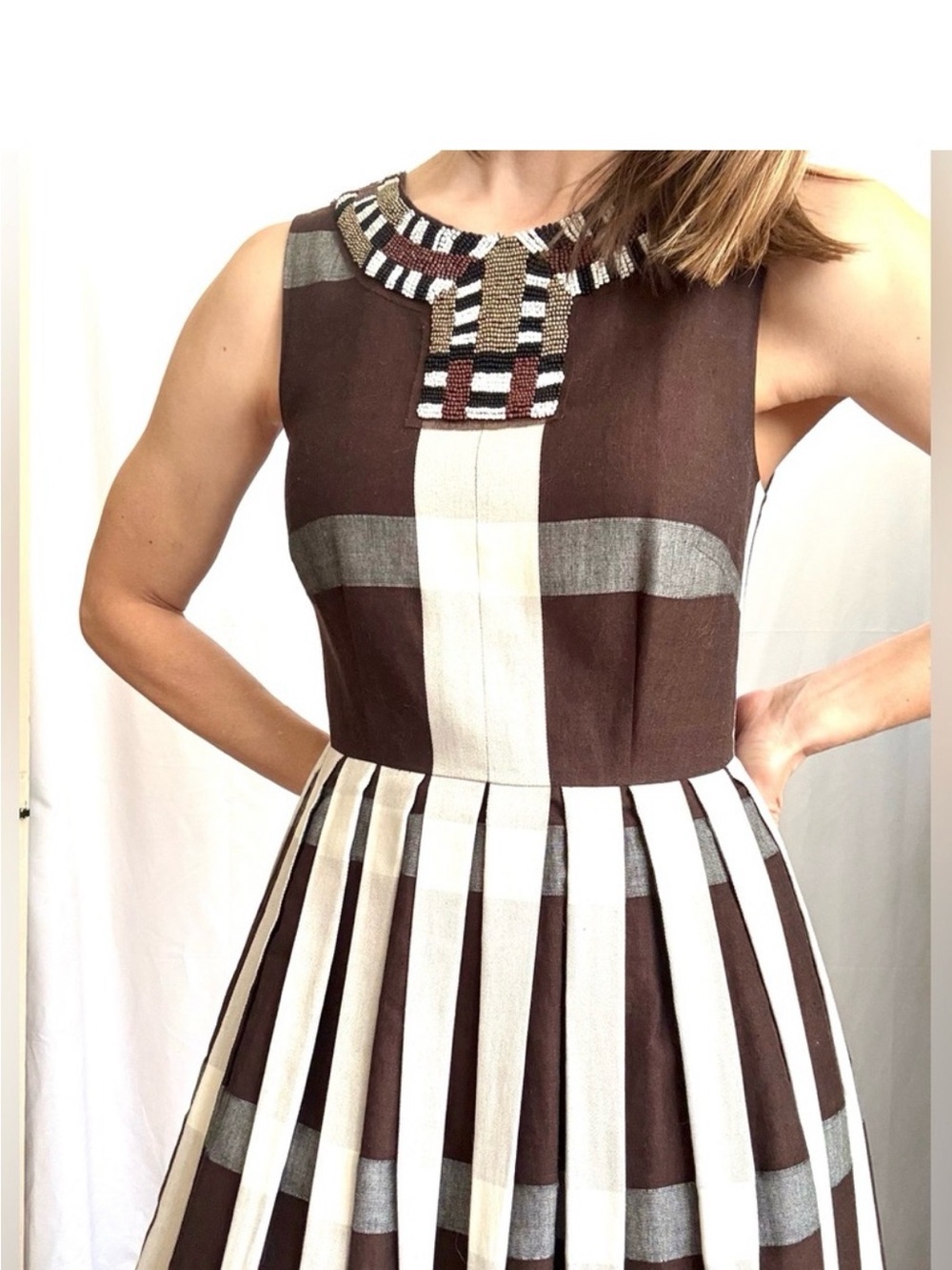 Anthropologie Maeve brown and White Striped Sleeveless fit and flare Midi Dress - Picture 4 of 12